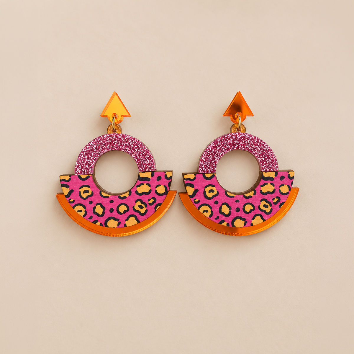 Wild Pink Leopard Print Round Statement Fan Earrings