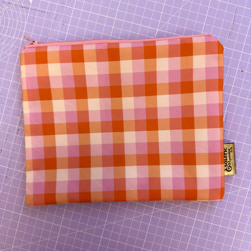 Pink & Orange Gingham Print Zip Up Bag