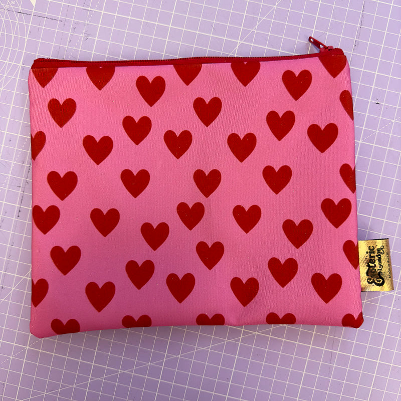 Pink & Red Hearts Print Zip Up Bag