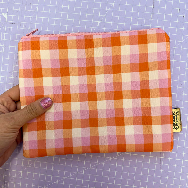 Pink & Orange Gingham Print Zip Up Bag