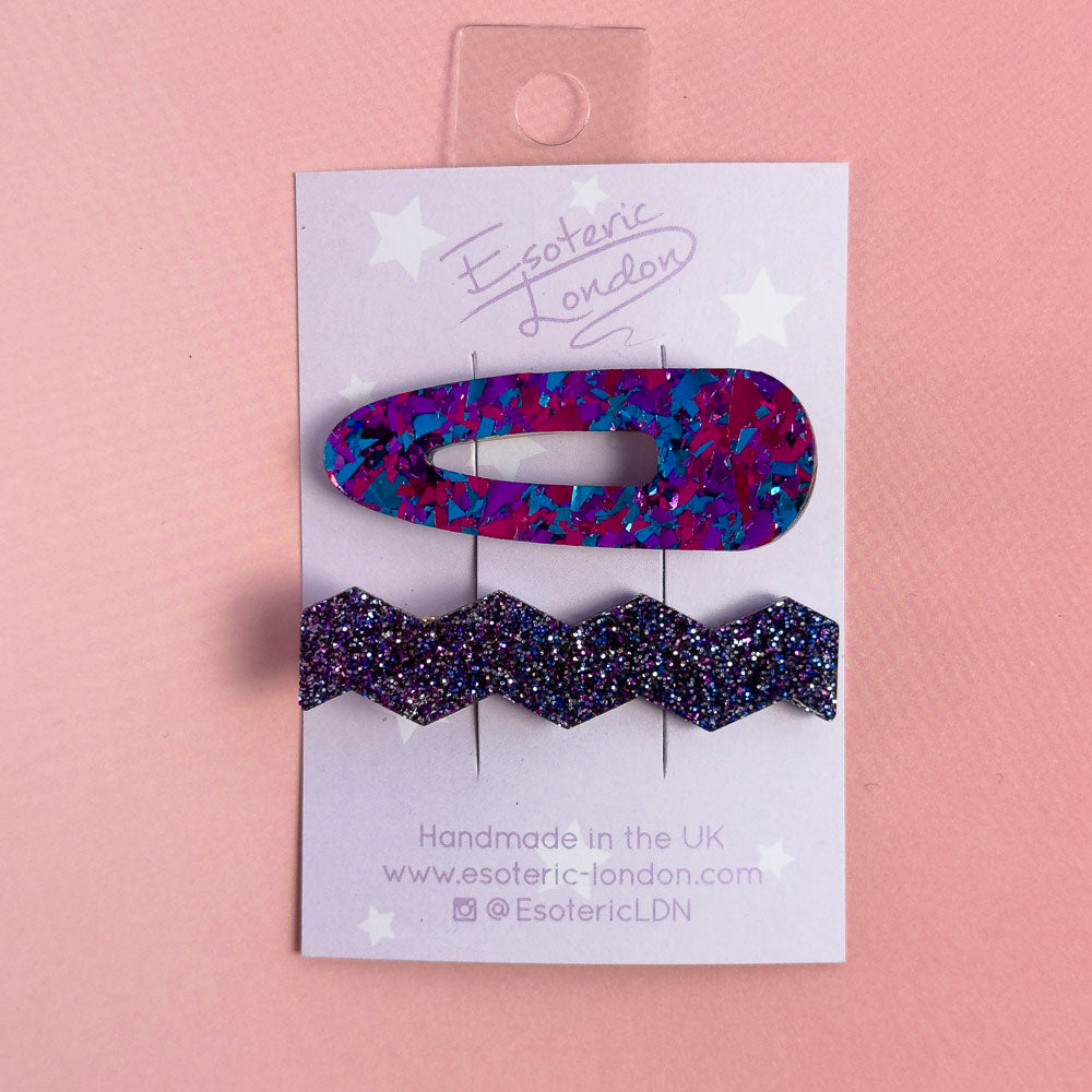 Confetti & Zig Zag Disco Hair Clips - Purple