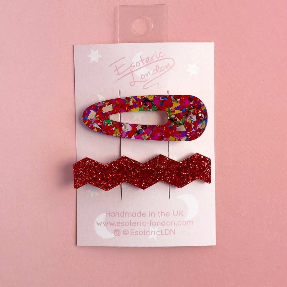Confetti & Zig Zag Disco Hair Clips - Red