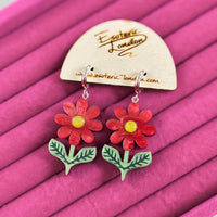 Retro Daisy Dangle Earrings - Scarlet Red
