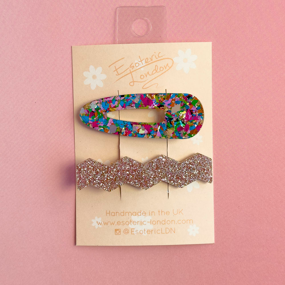 Confetti & Zig Zag Disco Hair Clips - Rose Gold & Rainbow