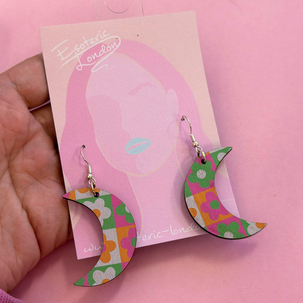 Moon Printed Wooden Dangle Earrings *SAMPLES*