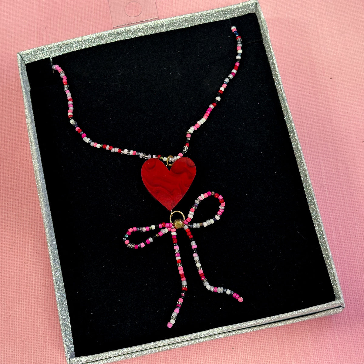 Beaded Heart Bow Necklace *SAMPLE*