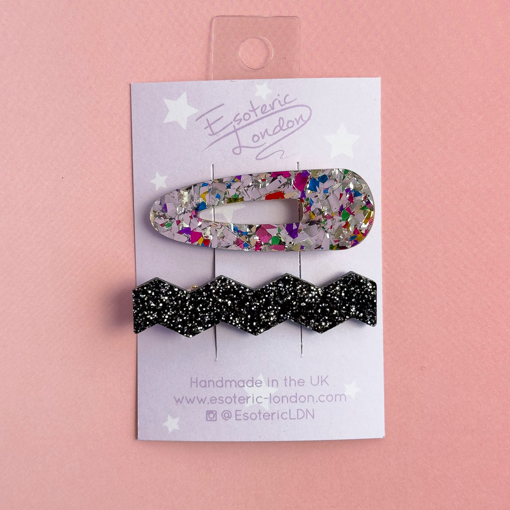 Confetti & Zig Zag Disco Hair Clips - Silver & Black