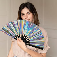 Giant Hand Fan With Black Bamboo Handle - Transparent Holographic Sparkle *SLIGHT SECONDS*