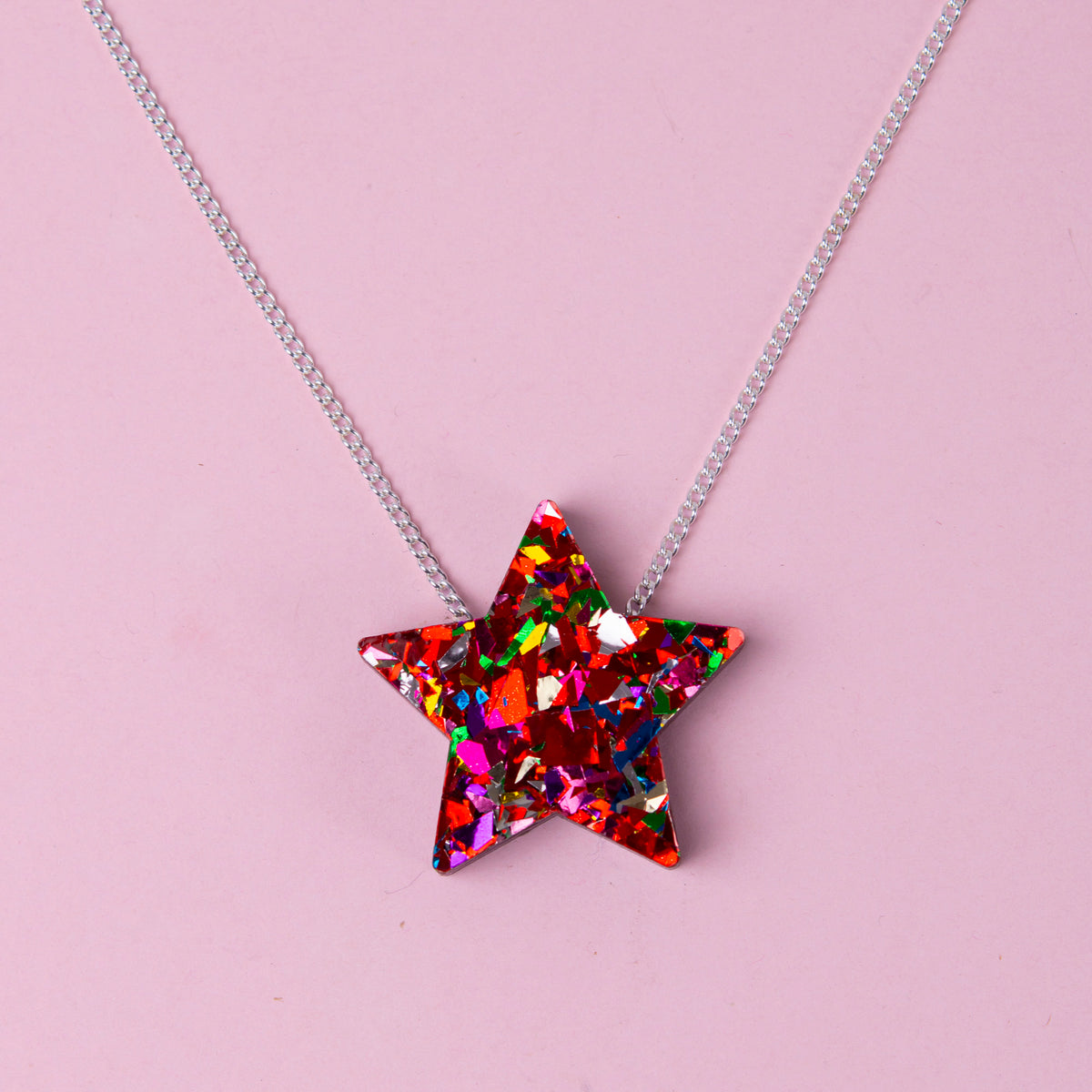 Colour Pop Confetti Star Necklace - Red