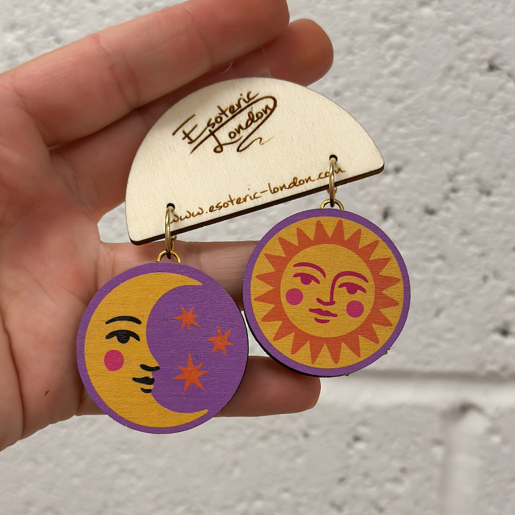 Sun & Moon reversible wooden dangle earrings