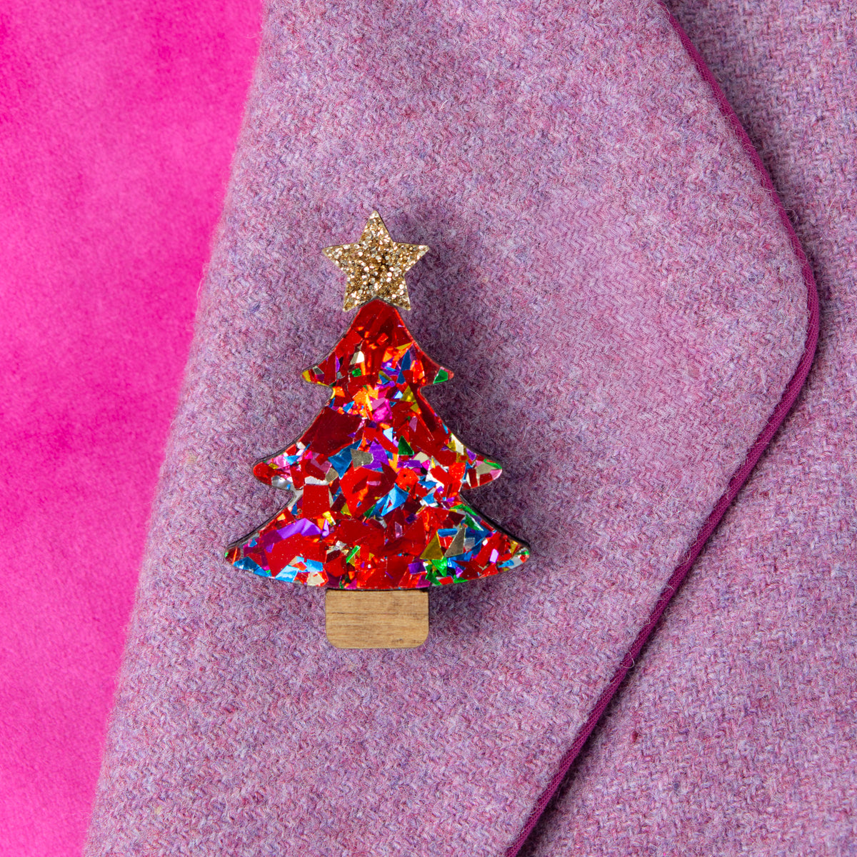 Colour Pop Confetti Christmas Tree Brooch - Red