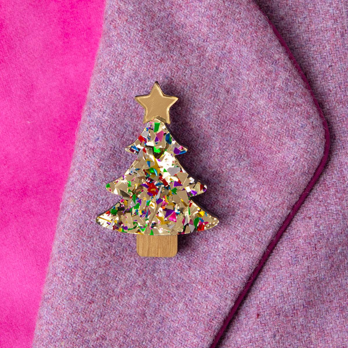 Colour Pop Confetti Christmas Tree Brooch - Gold
