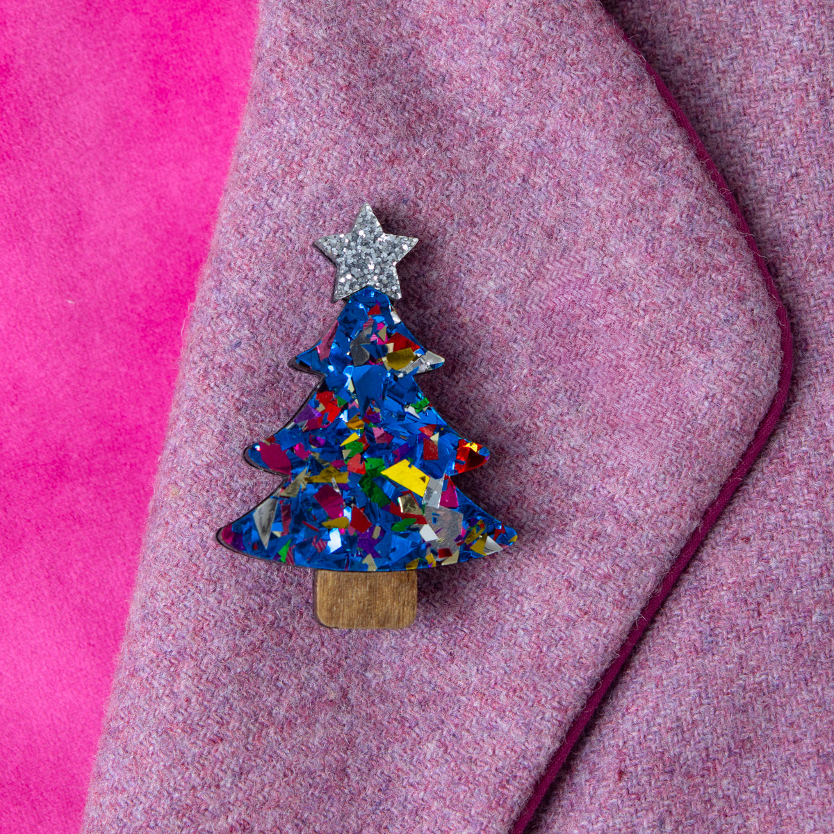 Colour Pop Confetti Christmas Tree Brooch - Blue