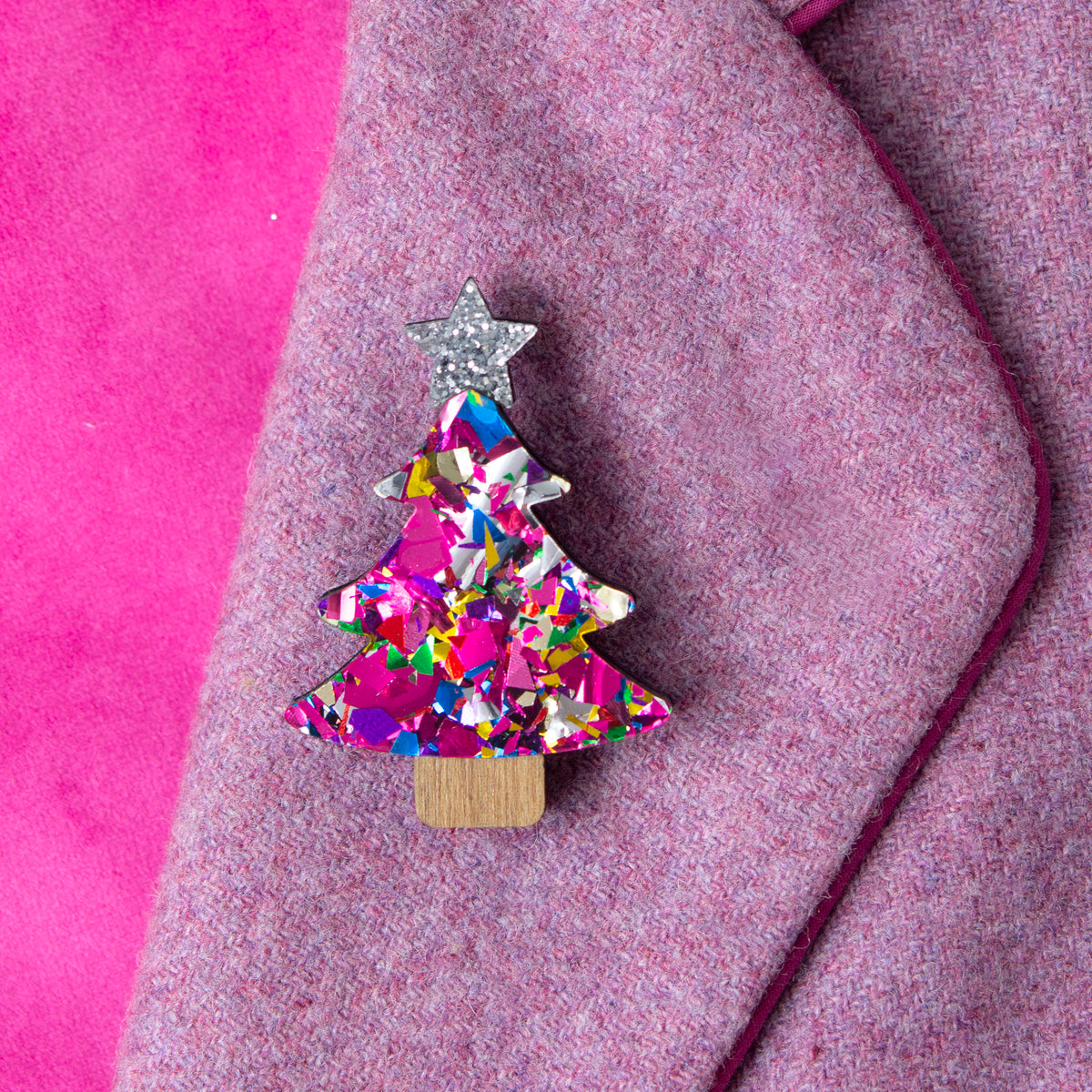 Colour Pop Confetti Christmas Tree Brooch - Pink