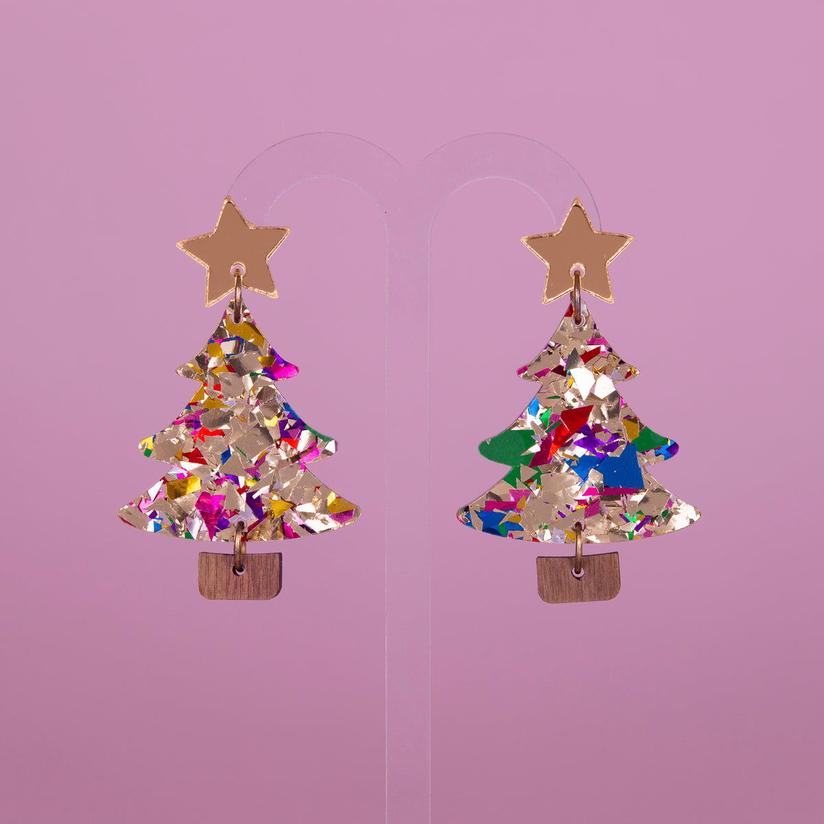 Colour Pop Confetti Tree Christmas Dangle Earrings - Gold