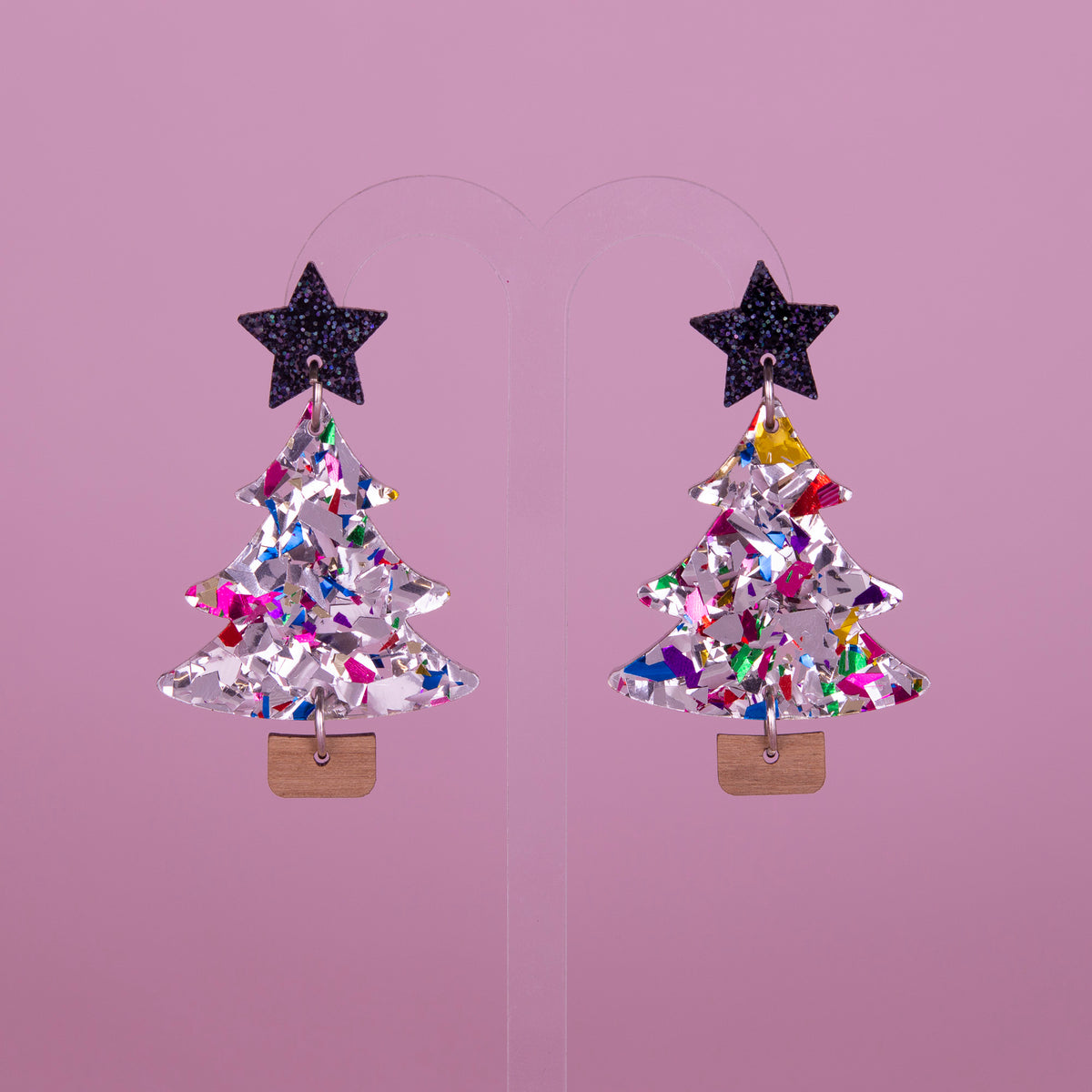 Colour Pop Confetti Tree Christmas Dangle Earrings - Silver