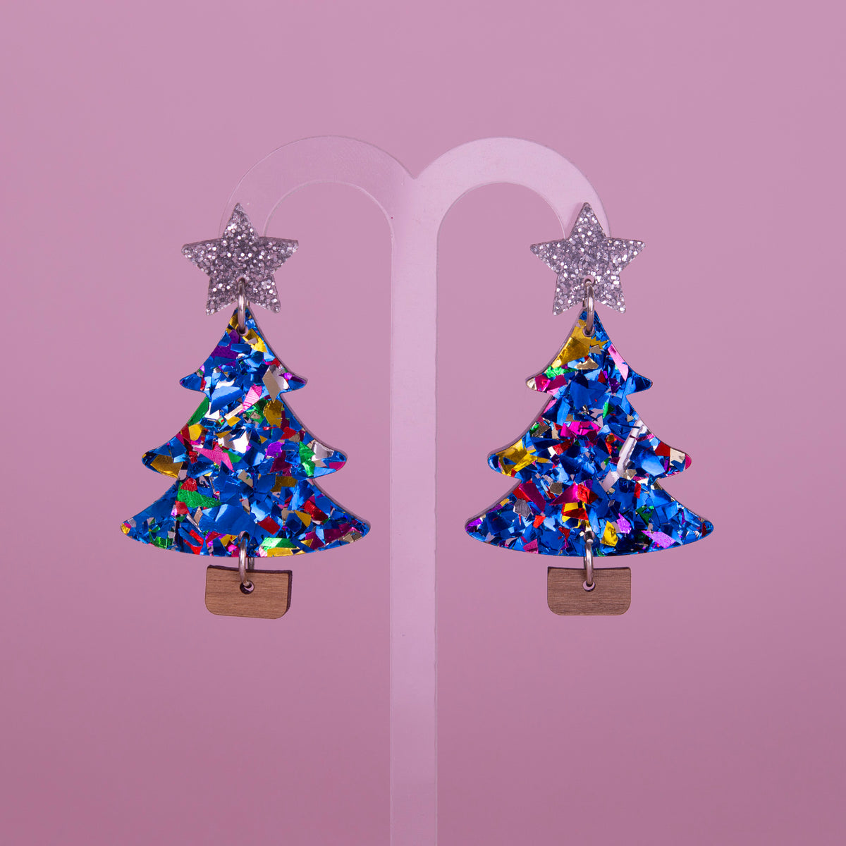 Colour Pop Confetti Tree Christmas Dangle Earrings - Blue