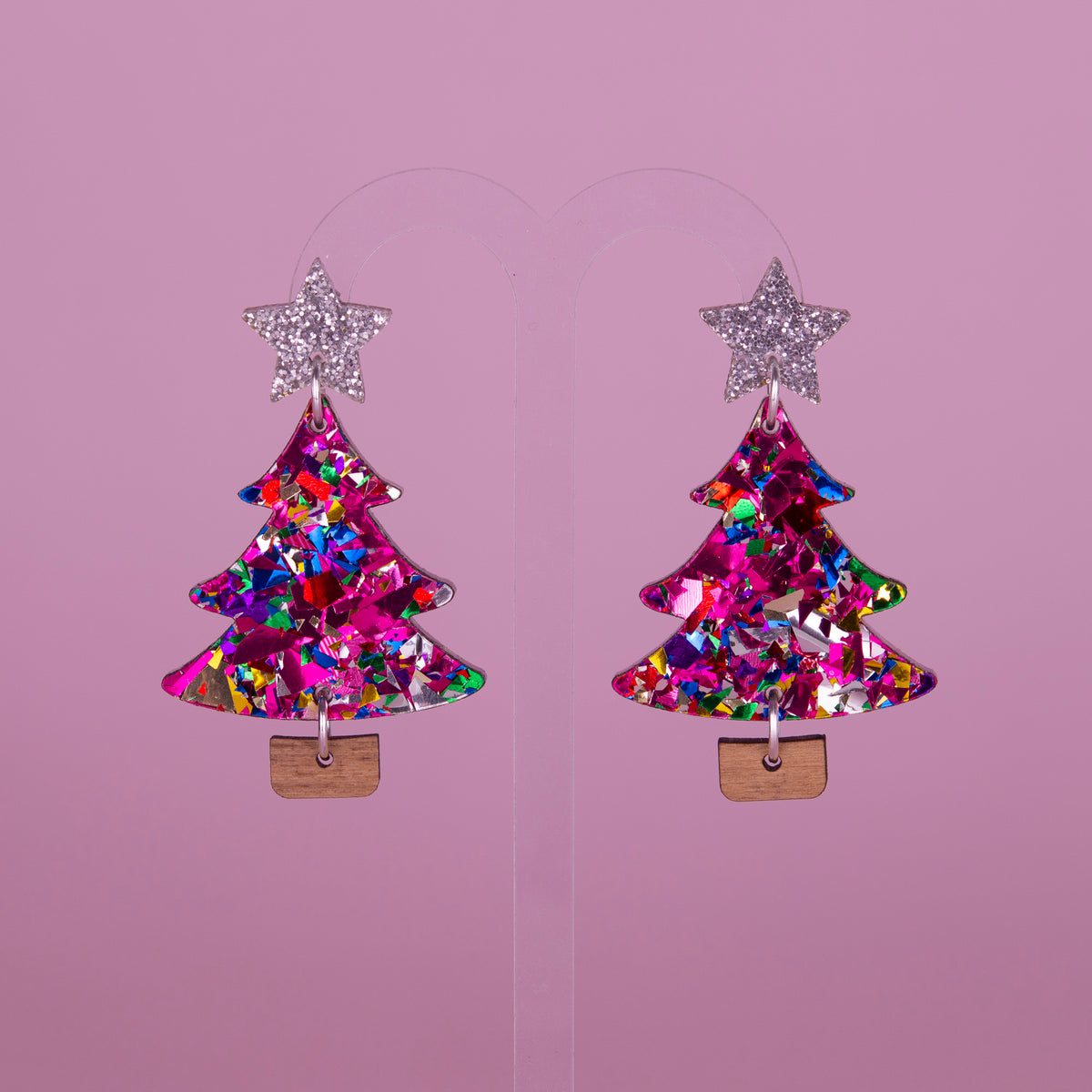 Colour Pop Confetti Tree Christmas Dangle Earrings - Pink