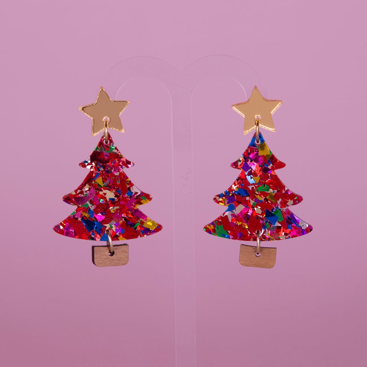 Colour Pop Confetti Tree Christmas Dangle Earrings - Red