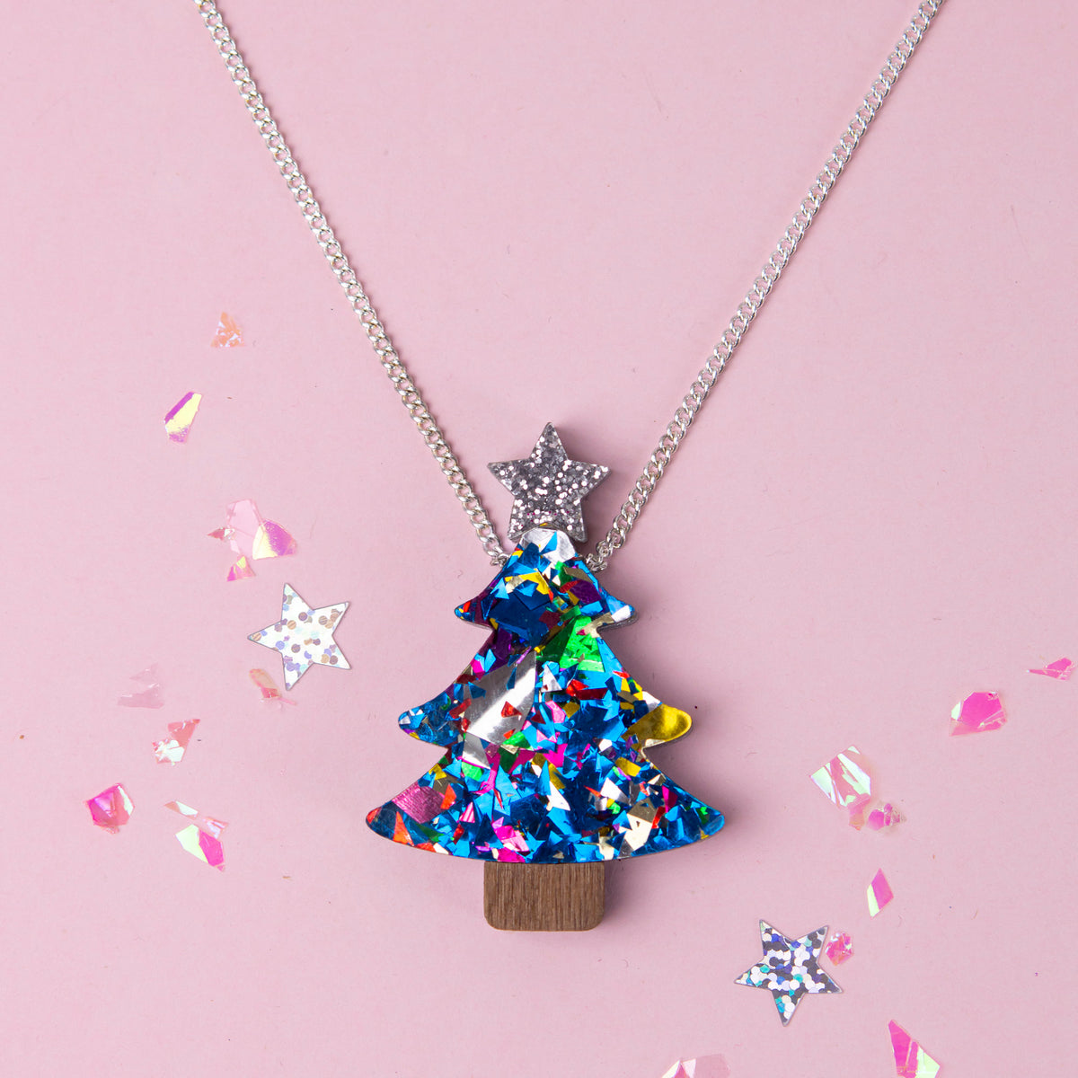 Colour Pop Confetti Christmas Tree Necklace - Blue