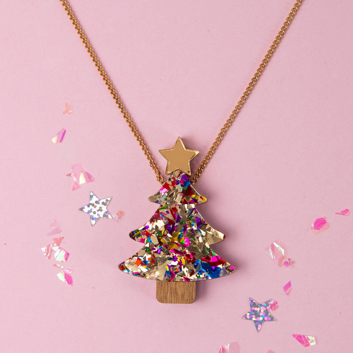 Colour Pop Confetti Christmas Tree Necklace - Gold