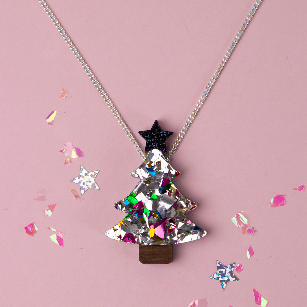 Colour Pop Confetti Christmas Tree Necklace - Silver