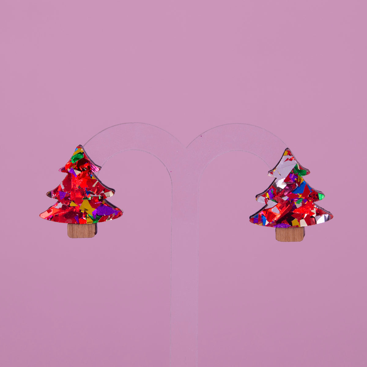 Colour Pop Confetti Christmas Tree Studs - Red
