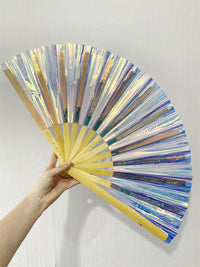Iridescent Giant Hand Fan With Natural Bamboo Handle - Clear Unicorn Blue