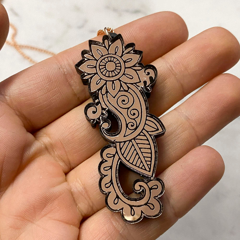 Mirror Floral Paisley Etched Pendant Necklace