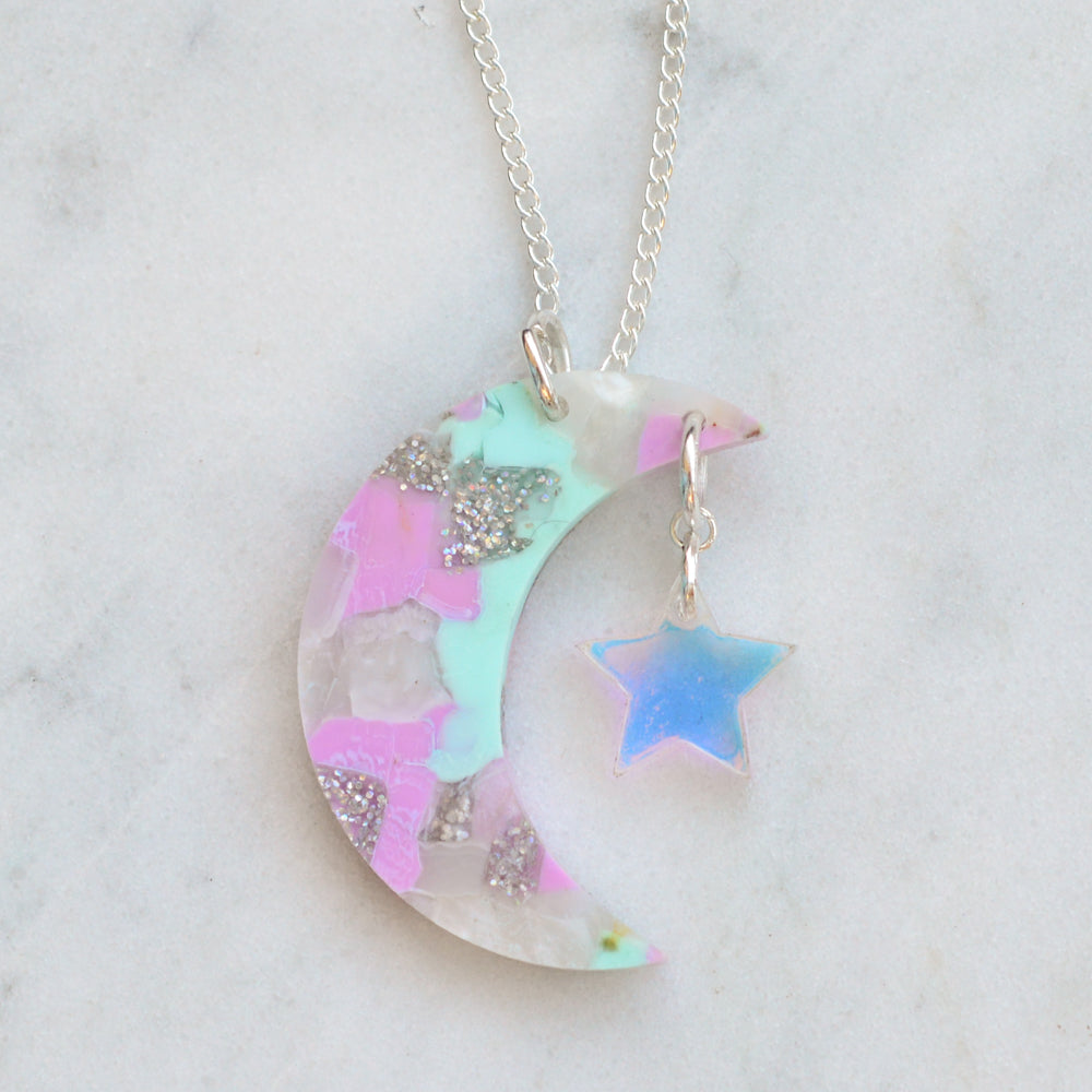 Recycled Acrylic Moon Necklace - Unicorn Mix (Lilac & Turquoise)