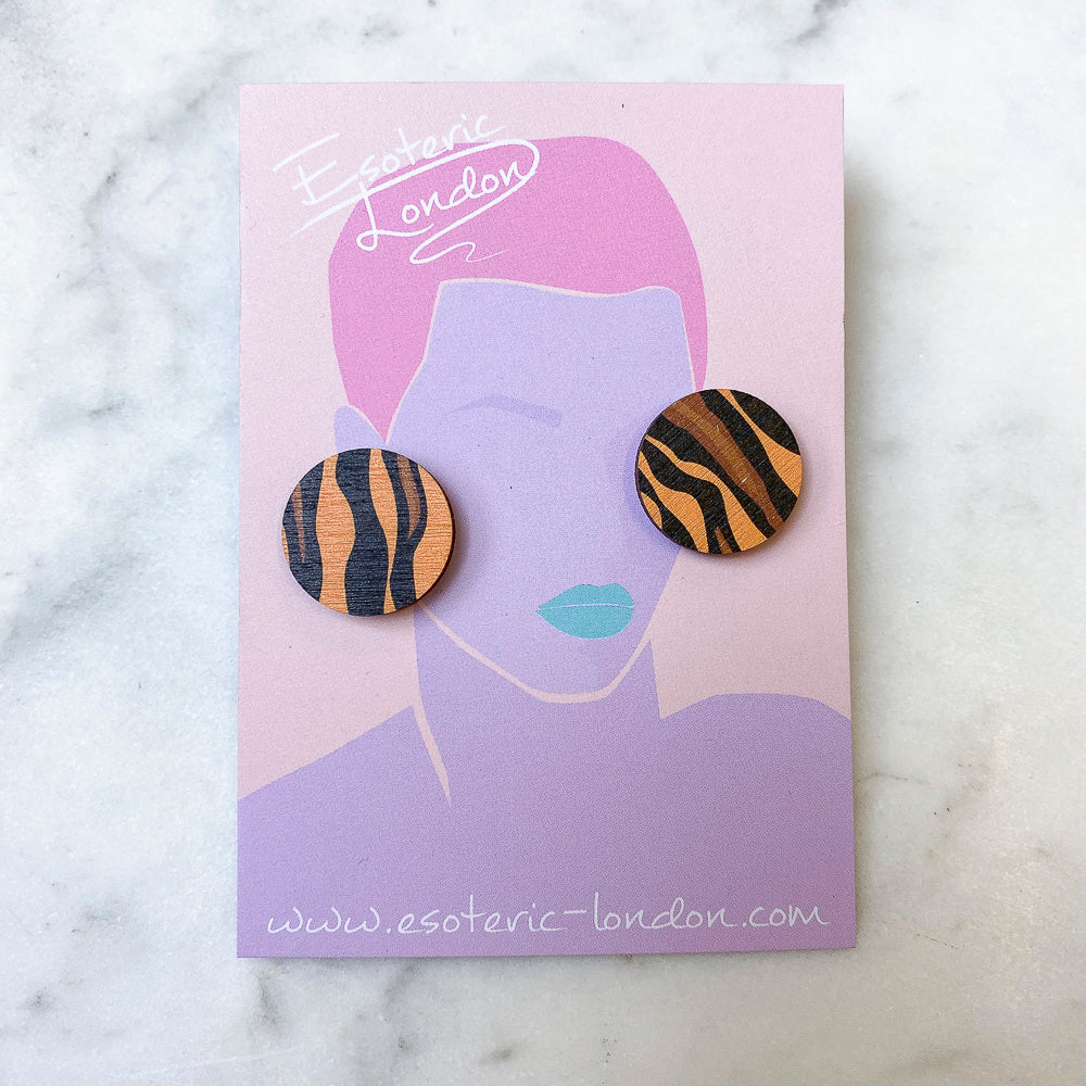 Wild Brown & Orange Tiger Print Stud Earrings