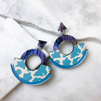 Wild Blue Cow Print Round Statement Fan Earrings