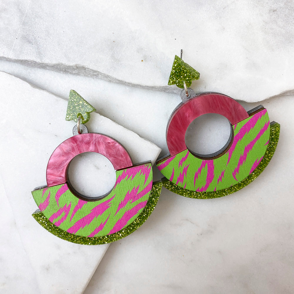 Wild Pink & Lime Tiger Print Round Statement Fan Earrings