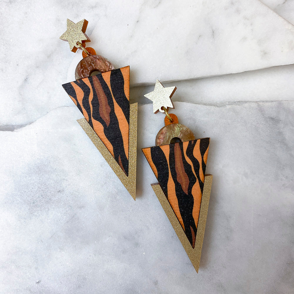 Wild Brown & Gold Tiger Stripe Print Triangle Dangle Studs