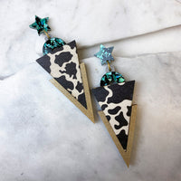 Wild Black & Teal Cow Print Triangle Dangle Studs