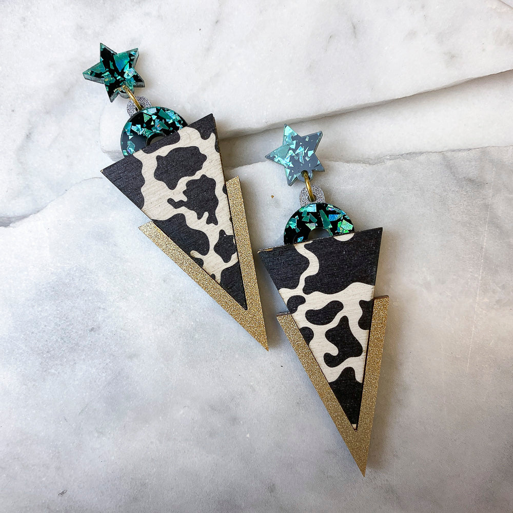 Wild Black & Teal Cow Print Triangle Dangle Studs