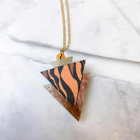 Wild Brown & Gold Tiger Print Triangle Pendant Necklace