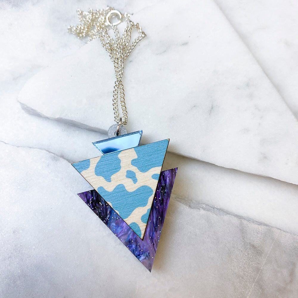 Wild Blue Cow Print Triangle Pendant Necklace