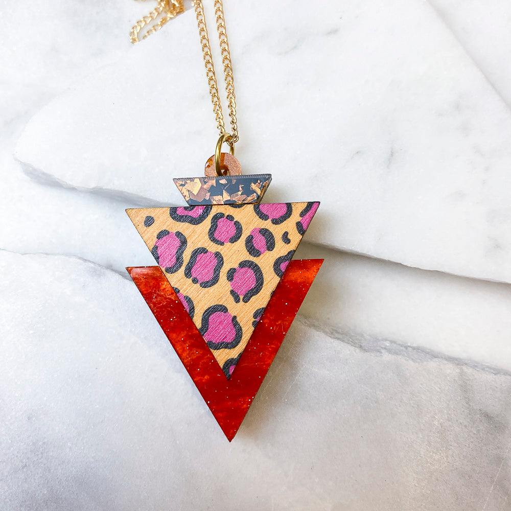 Wild Orange Leopard Print Triangle Pendant Necklace