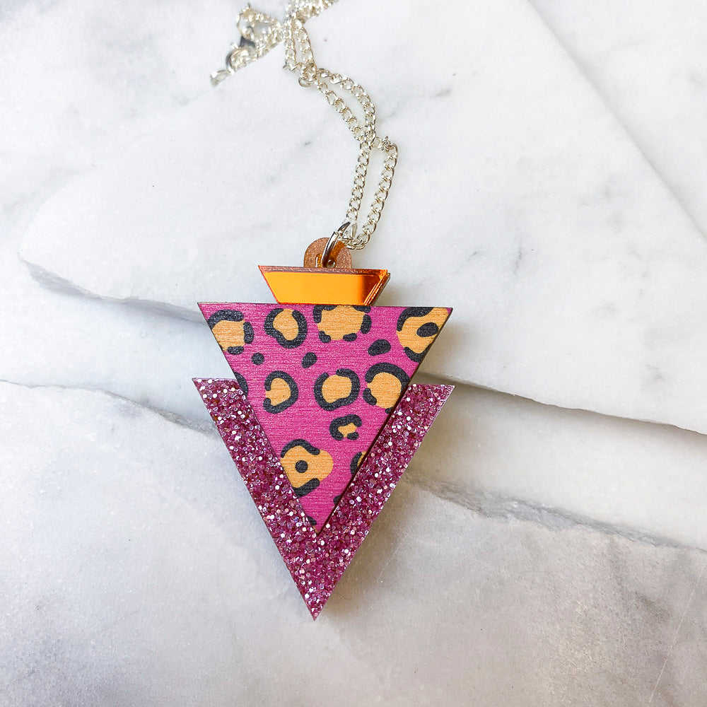 Wild Pink Leopard Print Triangle Pendant Necklace