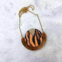 Wild Brown & Gold Tiger Print Round Pendant Necklace