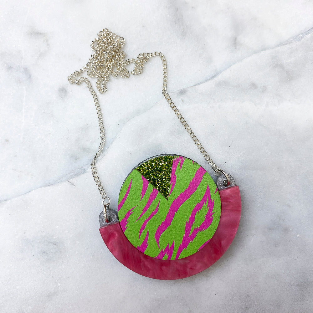 Wild Pink & Lime Tiger Print Round Pendant Necklace
