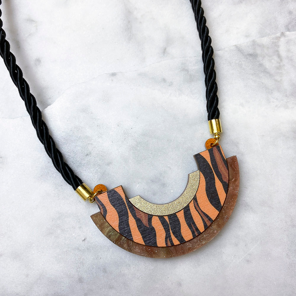 Wild Brown & Gold Tiger Stripe Print Statement Bib Necklace