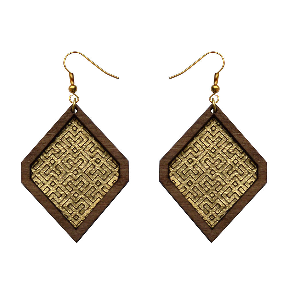 Leather Inlay Dangle Earrings - Diamonds