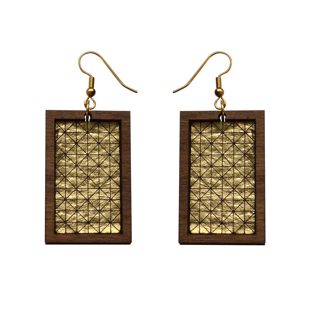 Leather Inlay Dangle Earrings - Rectangles