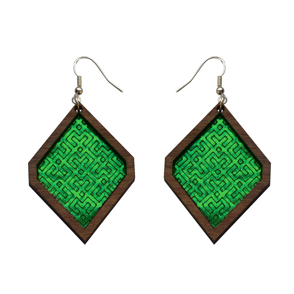 Leather Inlay Dangle Earrings - Diamonds