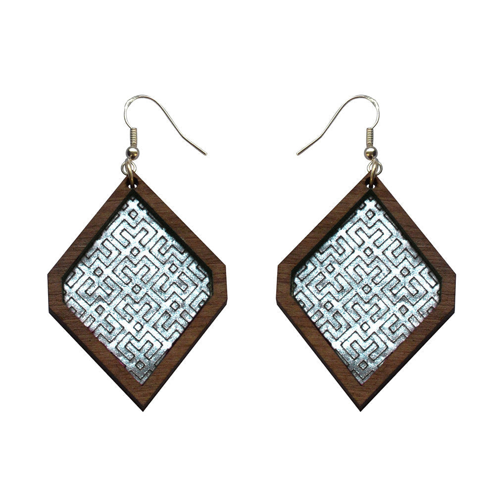 Leather Inlay Dangle Earrings - Diamonds