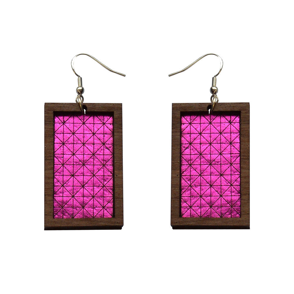 Leather Inlay Dangle Earrings - Rectangles