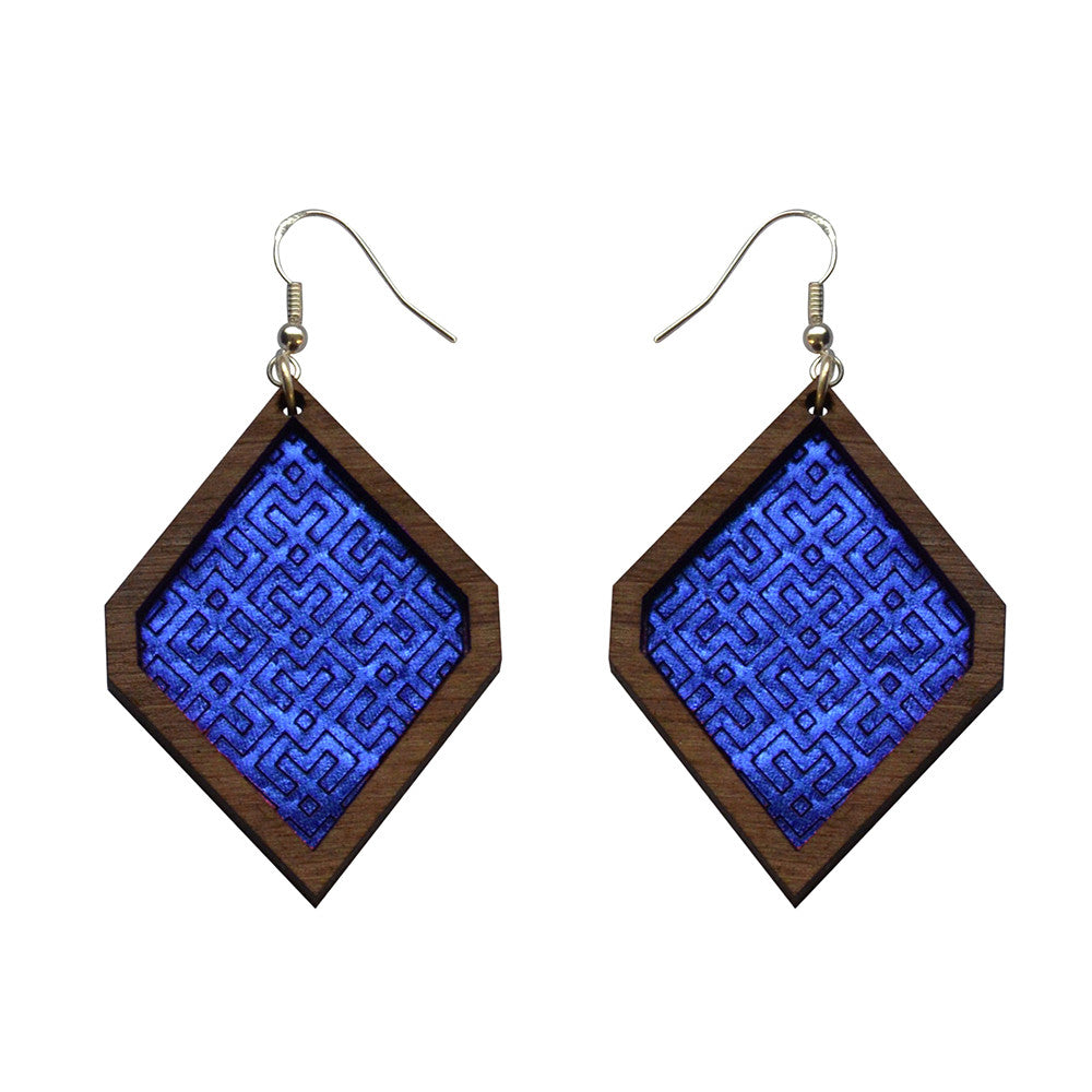 Leather Inlay Dangle Earrings - Diamonds