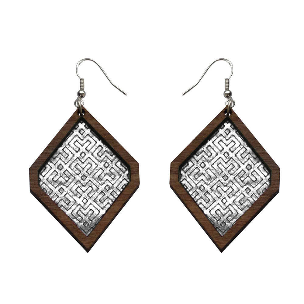 Leather Inlay Dangle Earrings - Diamonds